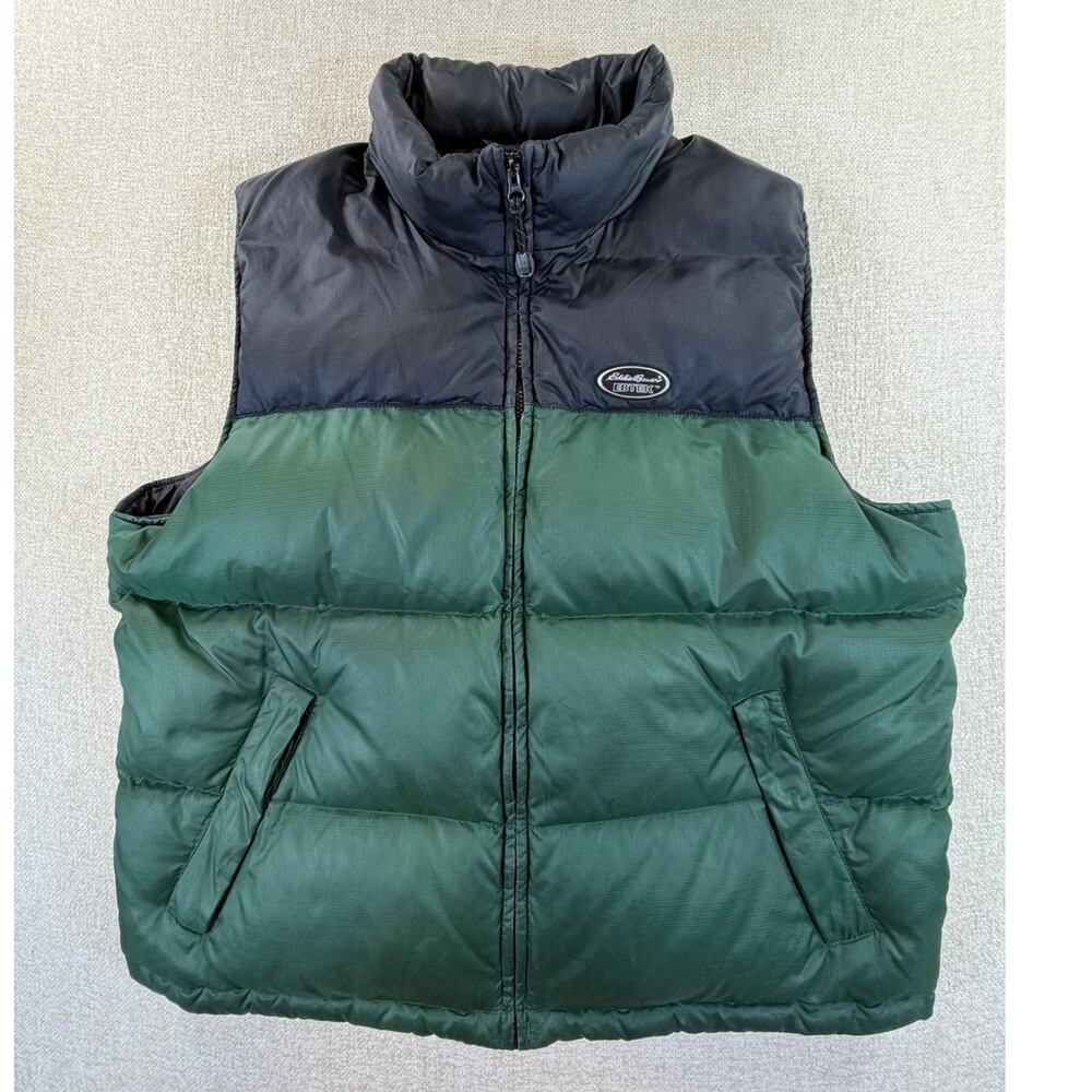 EBTEK Eddie Bauer Men's Green Black XL Goose Down Puffer Zip Front Vest Outdoor